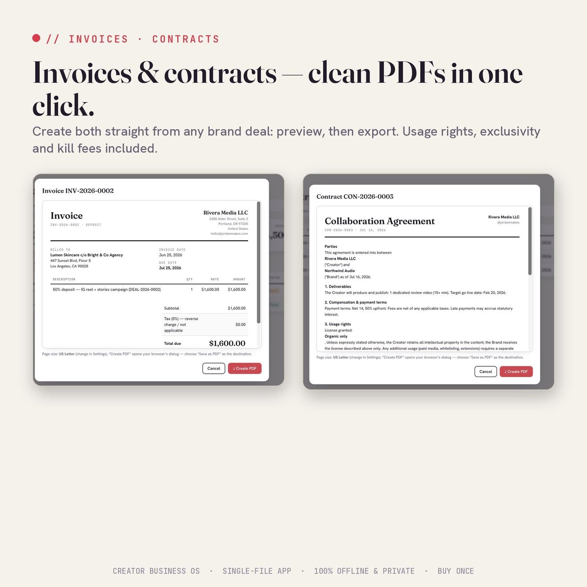 Invoices and contracts as clean PDFs, straight from any brand deal.