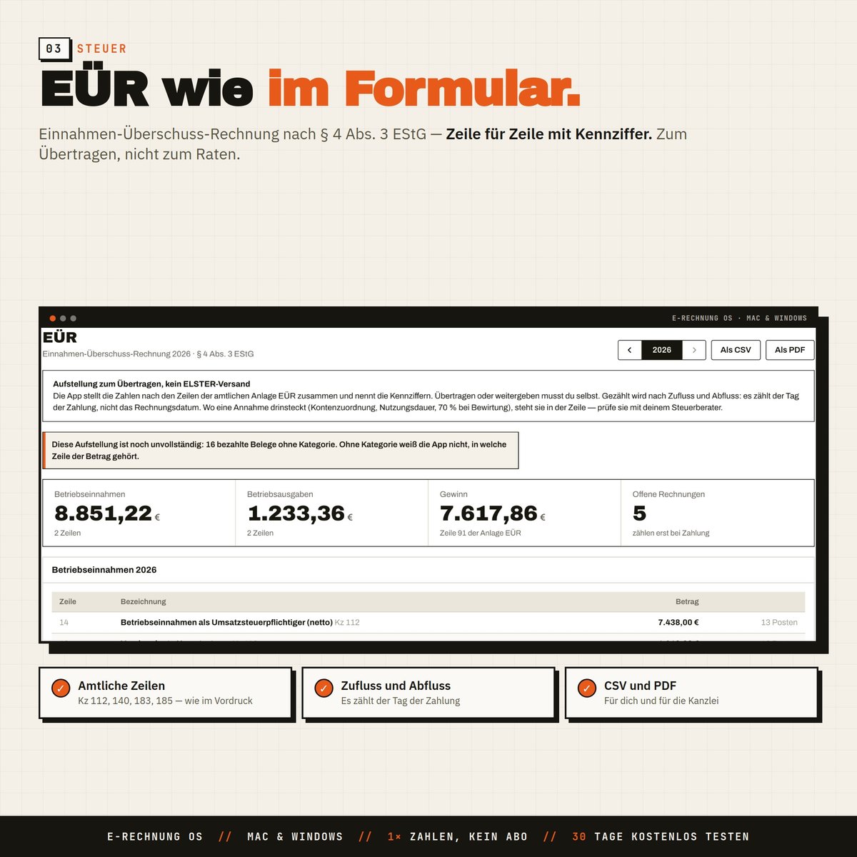 EÜR wie im Formular: Zeile für Zeile mit Kennziffer, gezählt nach Zufluss und Ab