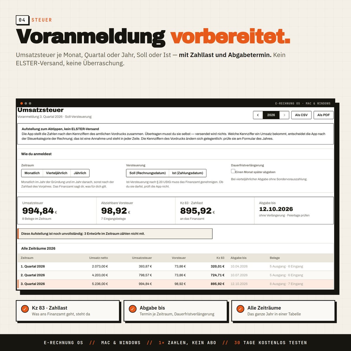 Umsatzsteuer-Voranmeldung je Monat, Quartal oder Jahr — mit Zahllast, Abgabeterm