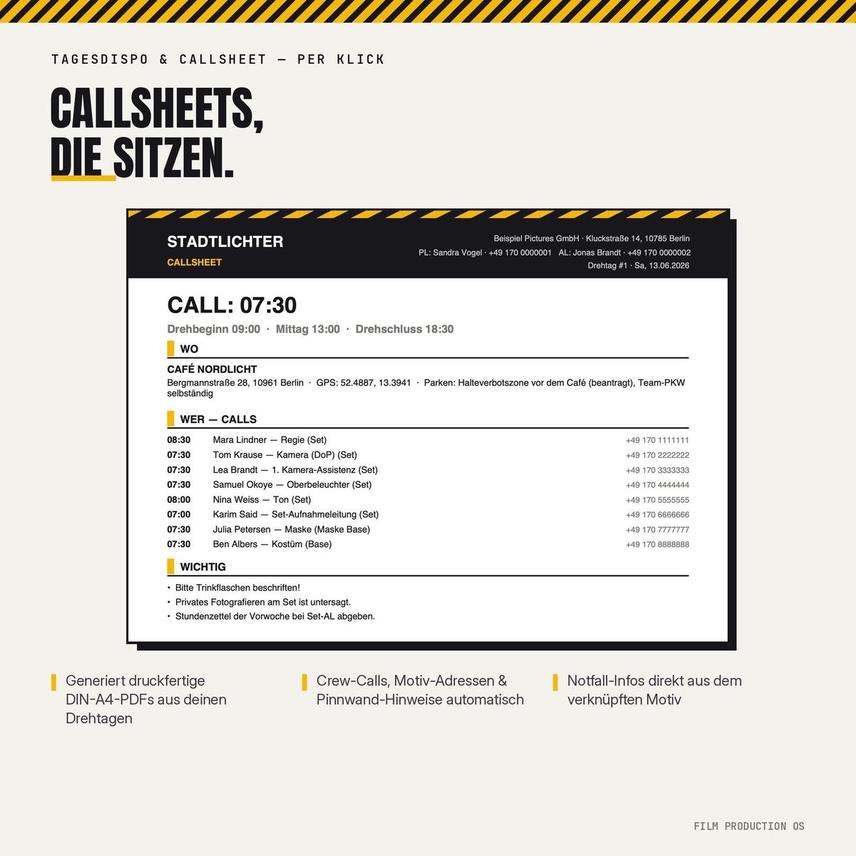 Callsheets, die sitzen: Tagesdispo mit Drehzeiten, Adressen und Ansprechpartnern