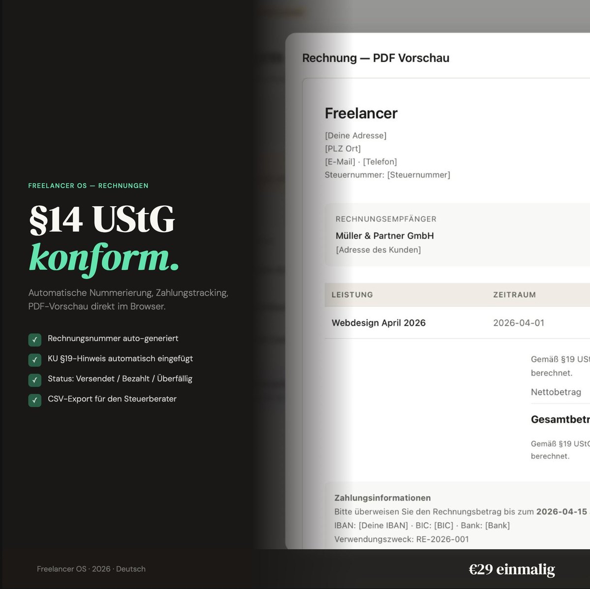 Rechnungen nach § 14 UStG, mit PDF-Vorschau und allen Pflichtangaben.