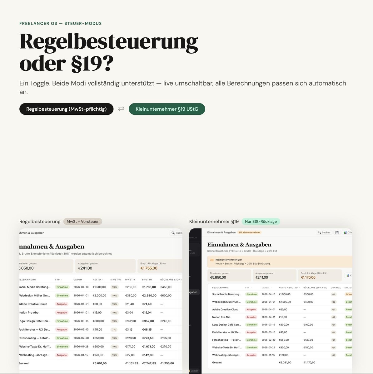 Regelbesteuerung oder § 19: ein Schalter stellt die ganze App um — Rechnungen, S