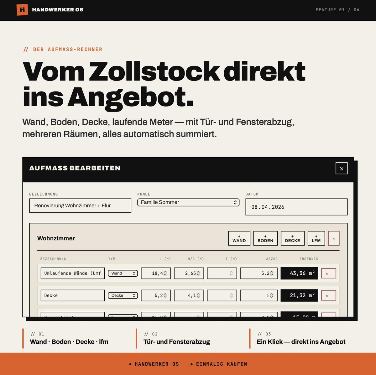 Vom Zollstock direkt ins Angebot: Wand, Boden, Decke, laufende Meter — Abzüge fü