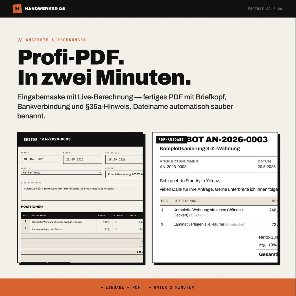 Profi-PDF in zwei Minuten: Eingabemaske mit Live-Berechnung, fertiges Angebot mi