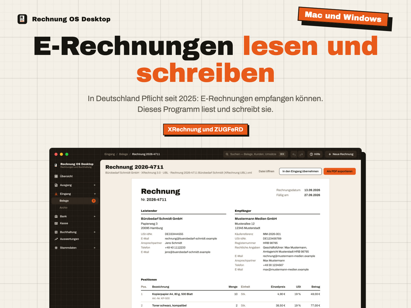 Rechnung OS Desktop: E-Rechnungen lesen und schreiben – XRechnung und ZUGFeRD öffnen sich wie ein normales Dokument