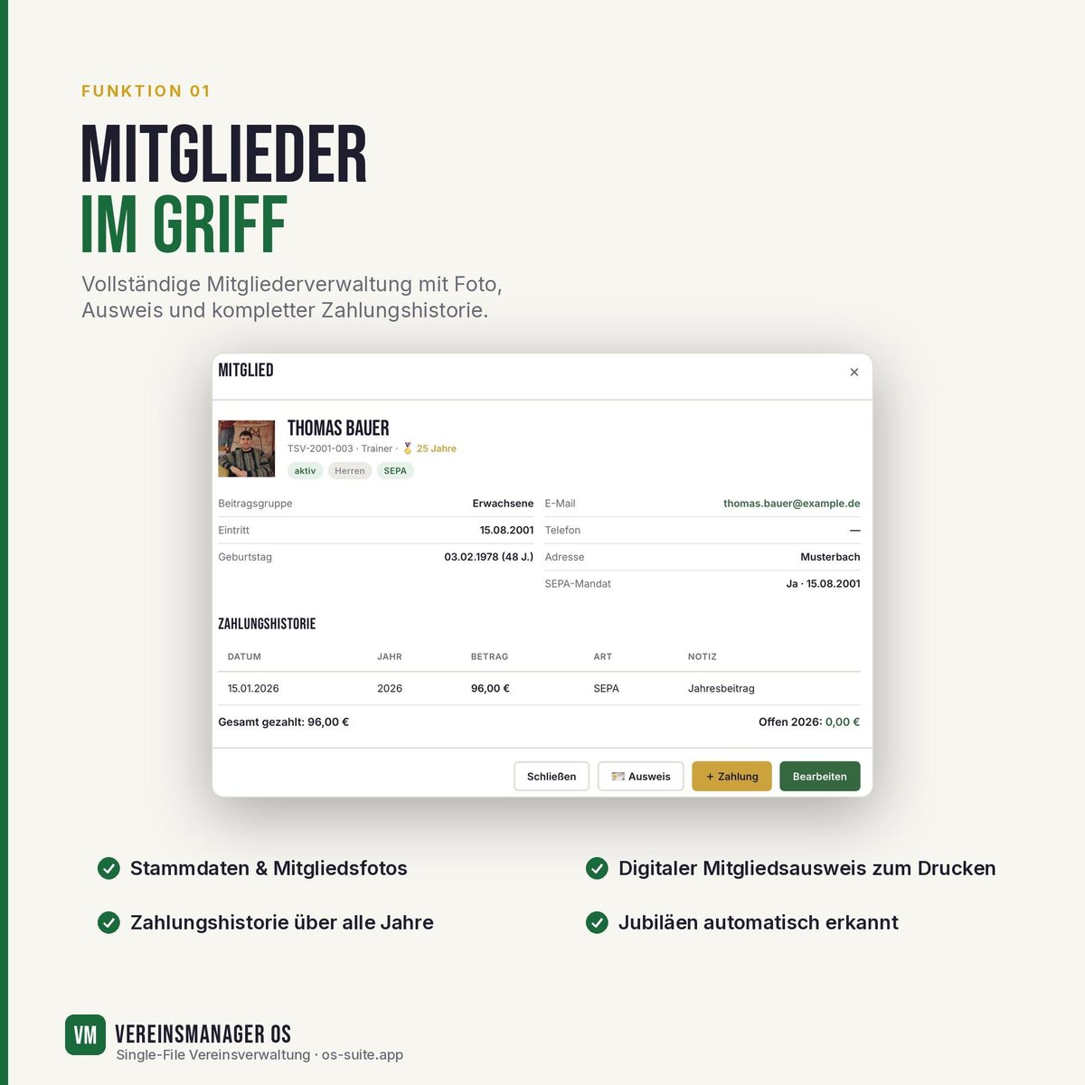 Mitglieder im Griff: vollständige Verwaltung mit Foto, Ausweis und Zahlungshisto