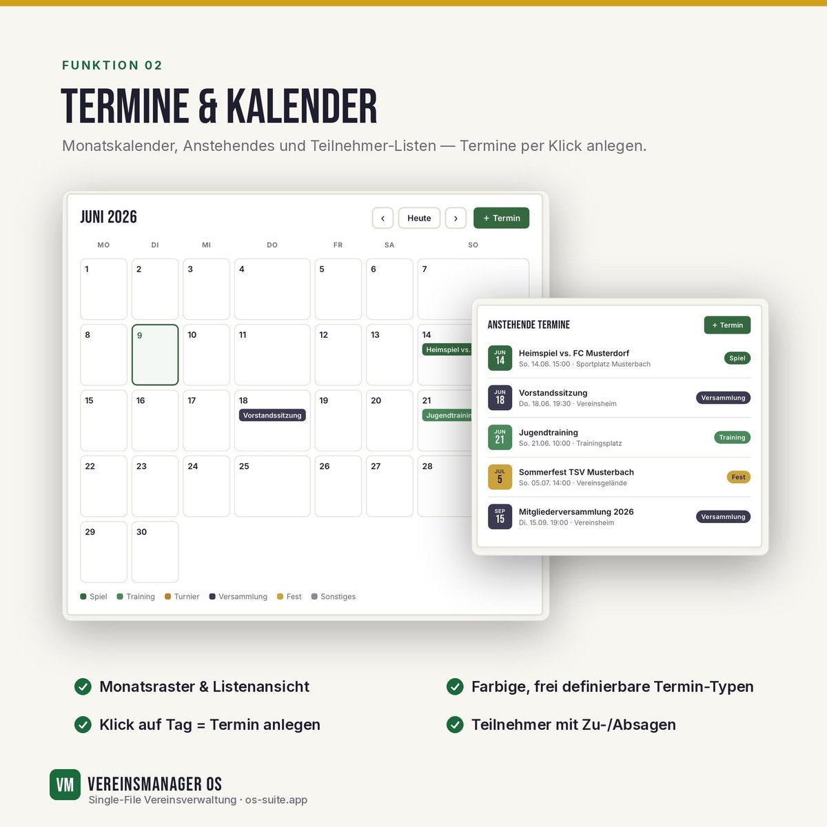 Termine und Kalender: Monatsansicht, Anmeldungen und Teilnehmerlisten je Veranst