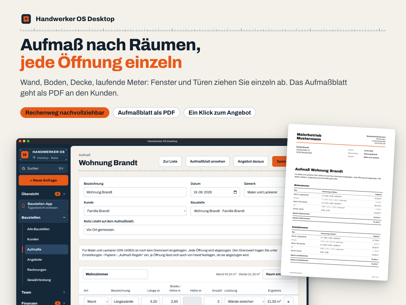 Aufmaß nach Räumen, jede Öffnung einzeln