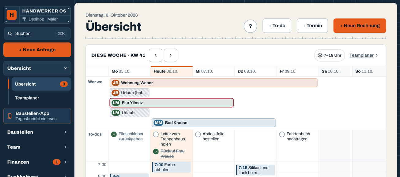 Die Übersicht in Handwerker OS Desktop: die Woche mit Uhrzeiten, To-dos und was heute zu tun ist.