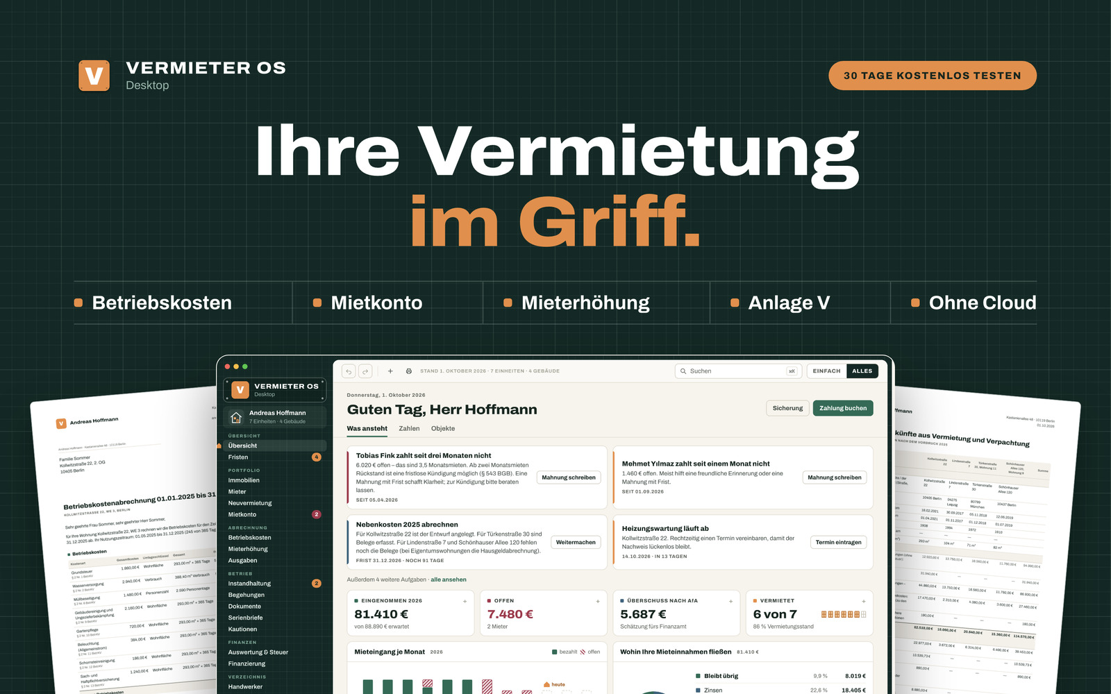 Ihre Vermietung im Griff: Betriebskosten, Mietkonto, Mieterhöhung und Anlage V – ohne Cloud.