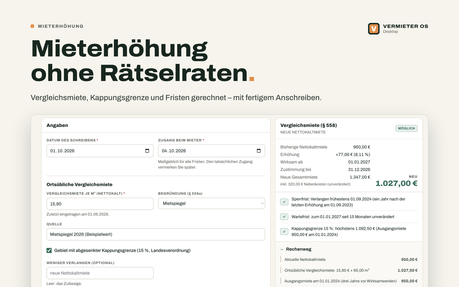 Mieterhöhung ohne Rätselraten: Vergleichsmiete, Kappungsgrenze und Fristen gerechnet – mit fertigem Anschreiben.