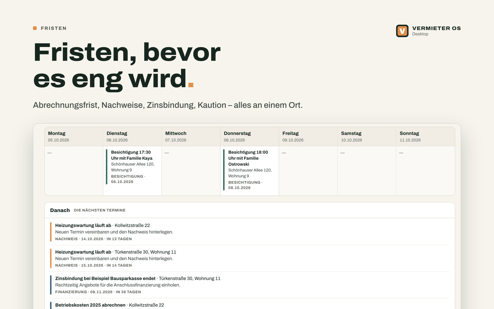 Fristen, bevor es eng wird: Abrechnungsfrist, Nachweise, Zinsbindung, Kaution – alles an einem Ort.